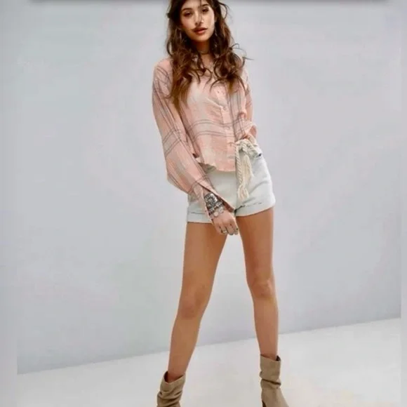 FREE PEOPLE PLAID BUTTON DOW TOP - Picture 2 of 6